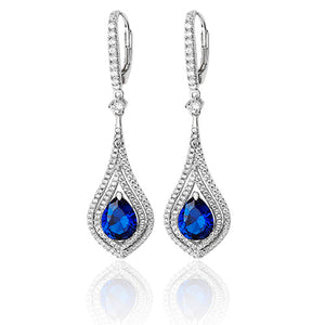 Sterling Silver Fancy Tear Shape CZ & Blue Drop Earrings