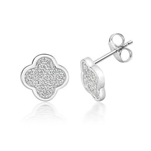 Sterling Silver Pave Set Clover Shape CZ Stud Earrings