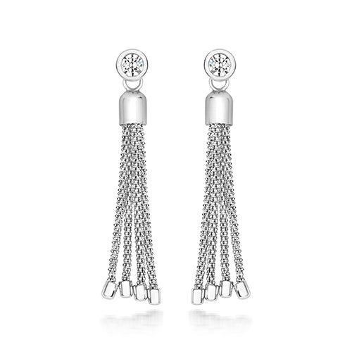 Sterling Silver Rub Over Set CZ & Chain Tassel Earrings