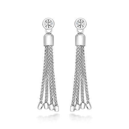 Sterling Silver Rub Over Set CZ & Chain Tassel Earrings