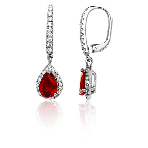 Sterling Silver Red Pear Shape & White CZ Drop Earrings