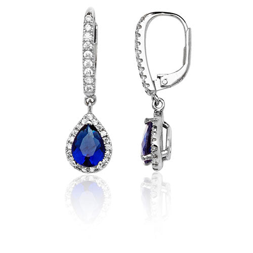 Sterling Silver Blue Pear Shape & White CZ Drop Earrings