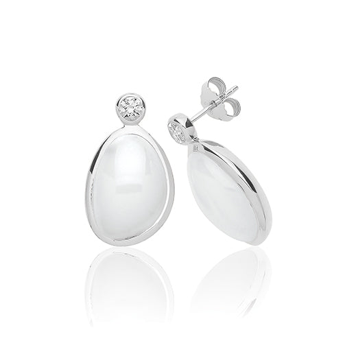 Sterling Silver White Moon Stone & CZ Stud Earrings