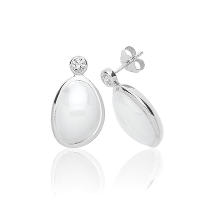 Sterling Silver White Moon Stone & CZ Stud Earrings