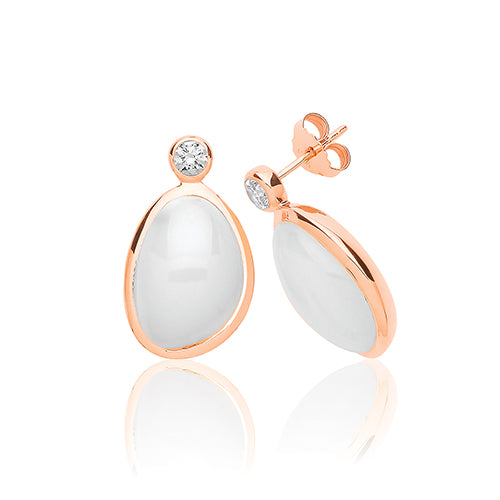 Sterling Silver White Moon Stone & CZ Stud Earrings