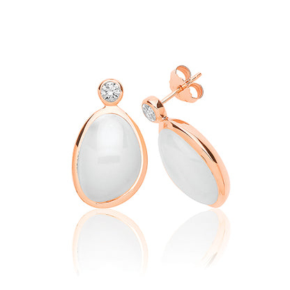 Sterling Silver White Moon Stone & CZ Stud Earrings