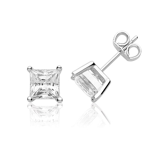 Sterling Silver Single Stone 6mm Princess Cut Claw Set Stud Earrings