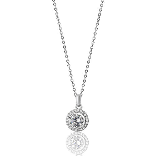Sterling Silver Round Halo Style CZ Pendant & Chain