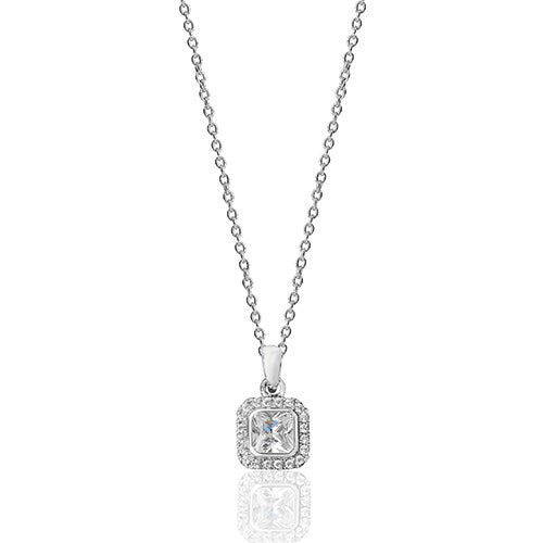 Sterling Silver Square Halo Style CZ Pendant & Chain