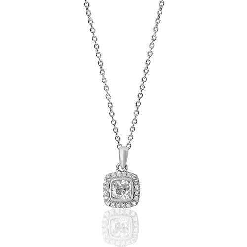 Sterling Silver Cushion Halo Style CZ Pendant & Chain