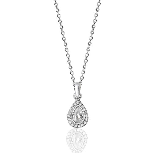 Sterling Silver Pear Shape Halo Style CZ Pendant & Chain