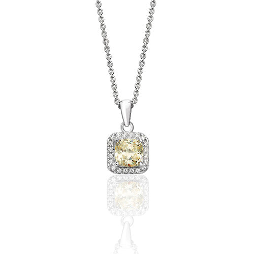 Sterling Silver Square Halo Style Yellow CZ Pendant & Chain