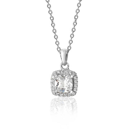Sterling Silver Cushion Halo Style CZ Pendant & Chain