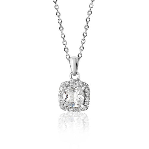 Sterling Silver Cushion Halo Style CZ Pendant & Chain