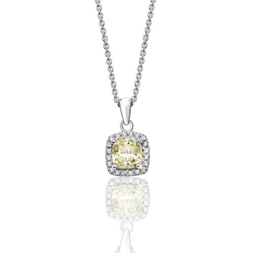 Sterling Silver Cushion Halo Style Yellow CZ Pendant & Chain