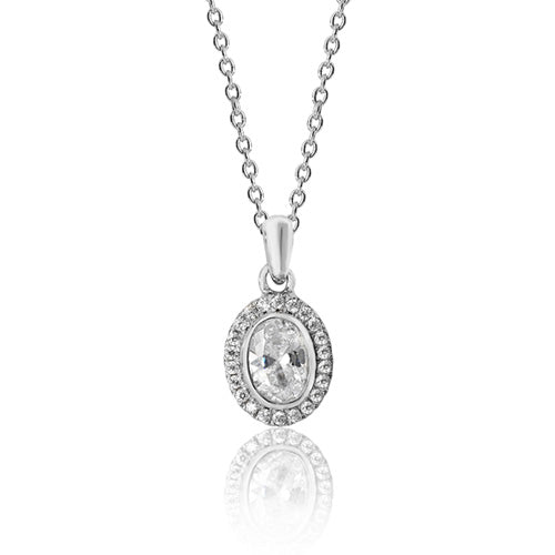 Sterling Silver Oval Halo Style CZ Pendant & Chain