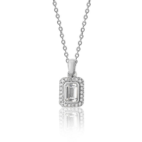 Sterling Silver Emerald Cut Halo Style CZ Pendant & Chain
