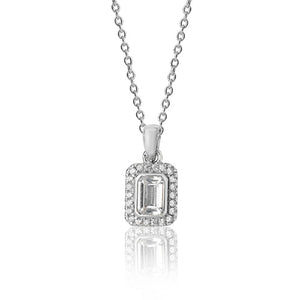 Sterling Silver Emerald Cut Halo Style CZ Pendant & Chain