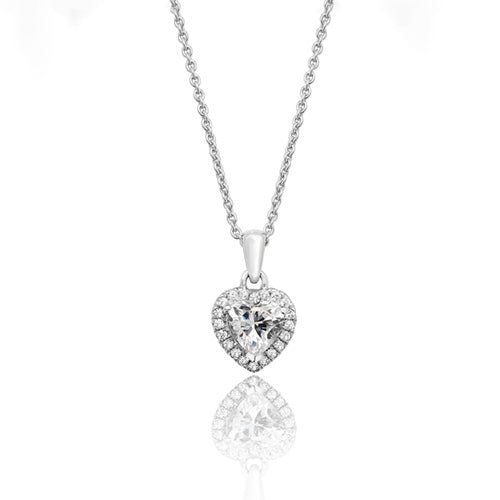 Sterling Silver Claw Set Heart Shape Halo Style CZ Pendant & Chain