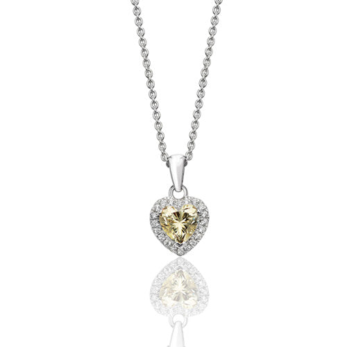 Sterling Silver Claw Set Heart Shape Halo Style Yellow CZ Pendant & Chain