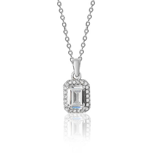 Sterling Silver Bezel Set Emerald Cut Halo Style Colour CZ Pendant & Chain