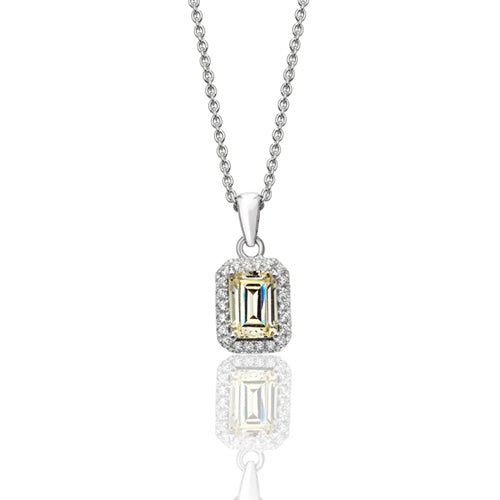 Sterling Silver Bezel Set Emerald Cut Halo Style Colour CZ Pendant & Chain