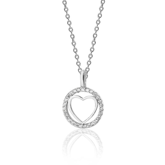 Sterling Silver Heart CZ Halo Style Pendant + Chain