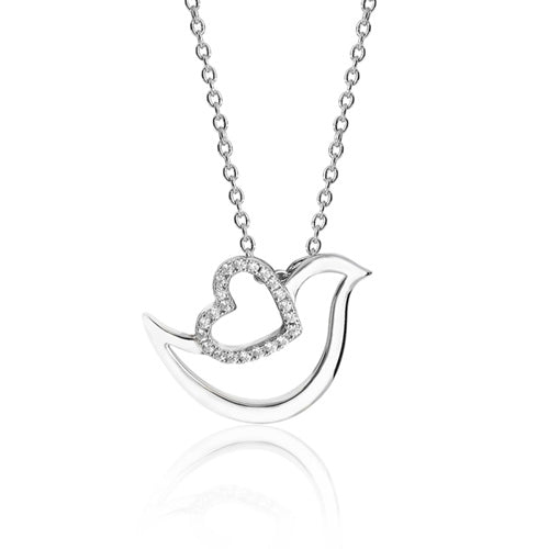 Sterling Silver Fine Open Dove & CZ Heart Pendant & Chain