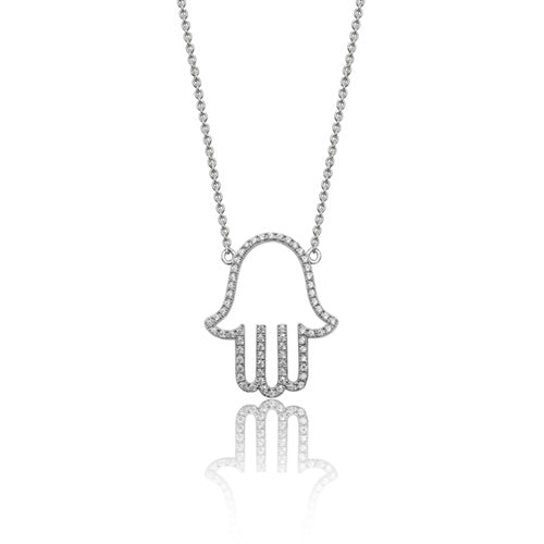 Sterling Silver Fine Open CZ Hamsa Pendant & Chain