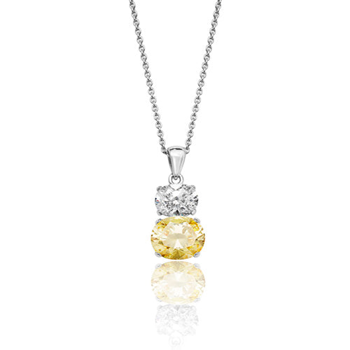 Sterling Silver Double Oval Shape Yellow/White CZ Pendant & Chain