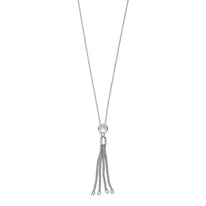 Sterling Silver Single CZ Stone & Tassel Pendant On Fixed Chain