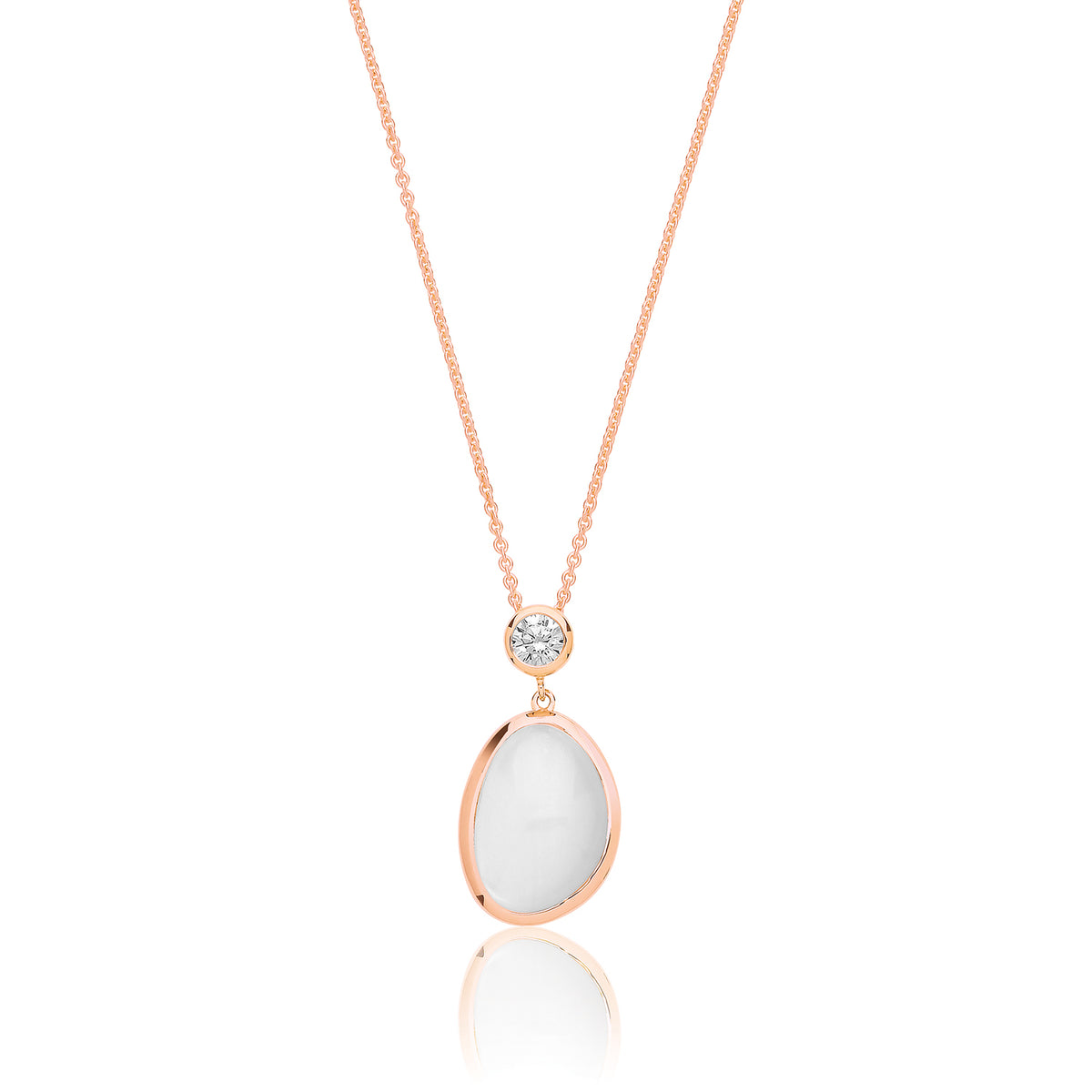 Sterling Silver Rose/Yellow Gold Plated White Moon Stone & CZ Pendant + Chain