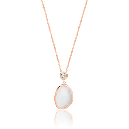 Sterling Silver Rose/Yellow Gold Plated White Moon Stone & CZ Pendant + Chain