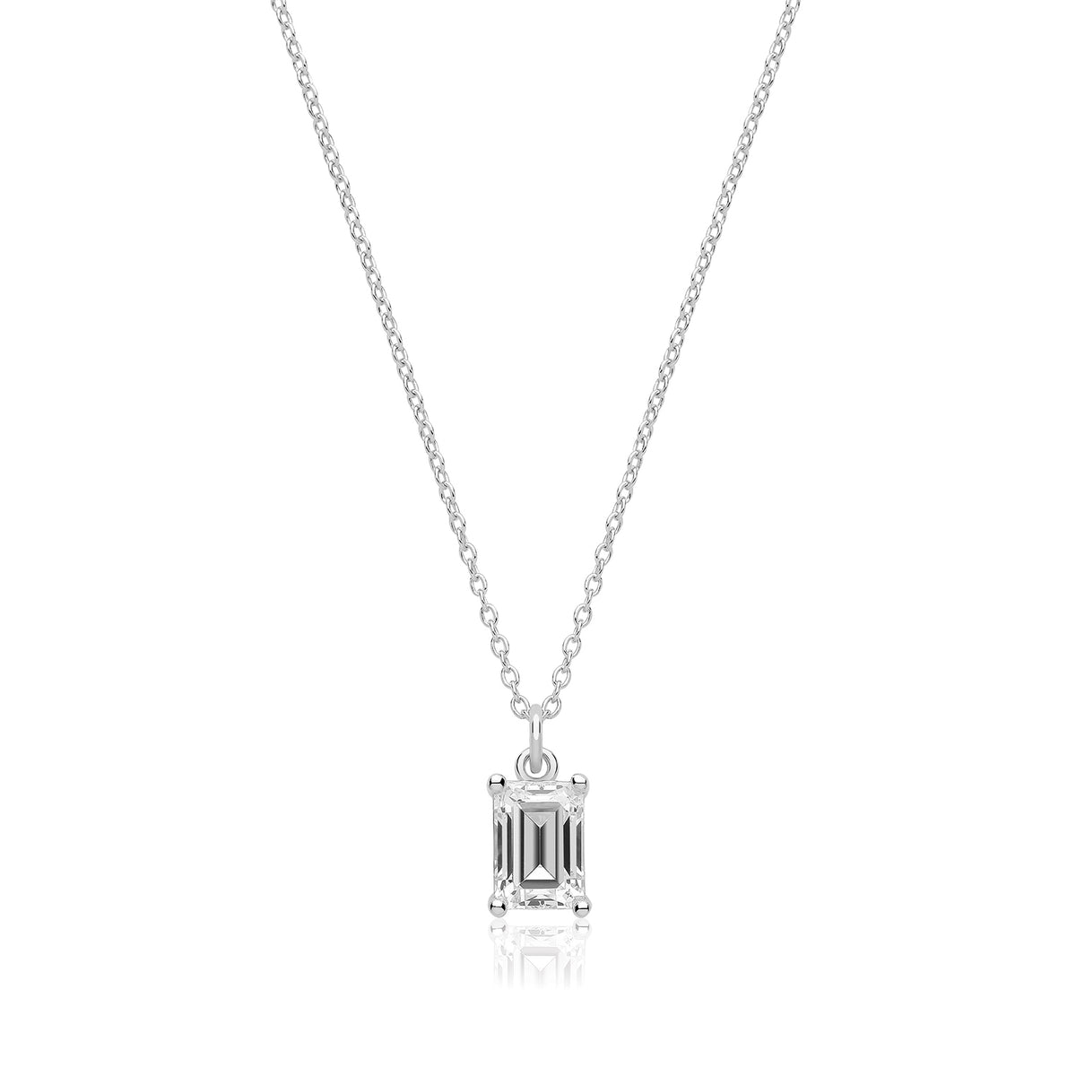 Sterling Silver Single Emerald Cut Claw Set CZ Pendant & Chain