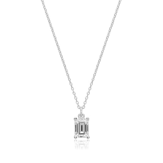 Sterling Silver Single Emerald Cut Claw Set CZ Pendant & Chain