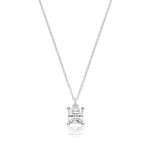 Sterling Silver Princess Cut Claw Set CZ Pendant &Chain