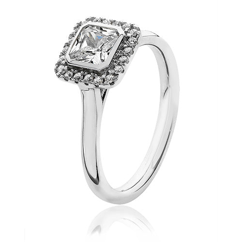 Sterling Silver Bezel Set Square Halo Style CZ Ring