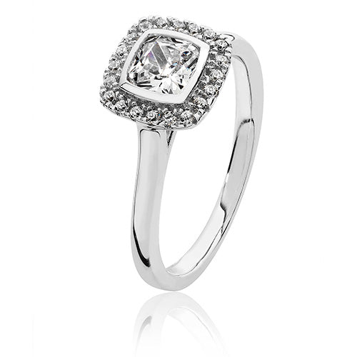 Sterling Silver Small Bezel Set Cushion Halo Style CZ Ring