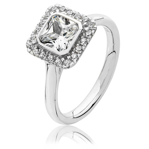 Sterling Silver Large Bezel Set Square Halo Style CZ Ring