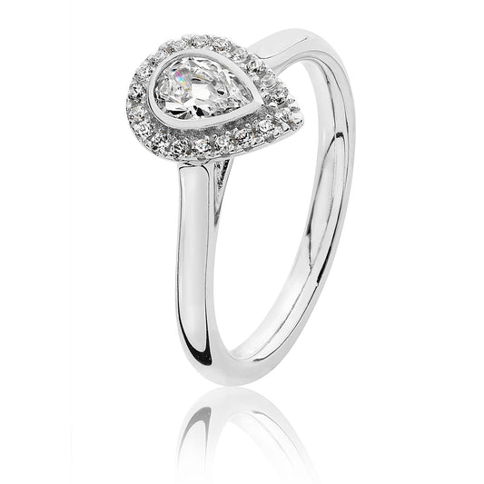 Stirling Silver Small Claw Set Pear Shape Halo Style Ring