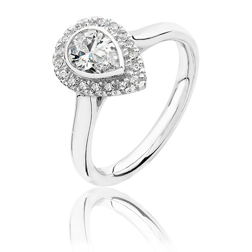Sterling Silver Large Claw Set Pear Shape Halo Style CZ Ring