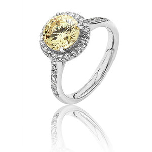 Sterling Silver Large Claw Set Round Halo Style Yellow CZ Ring