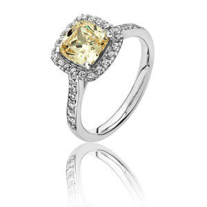 Sterling Silver Large Claw Set Cushion Halo Style Yellow CZ Ring