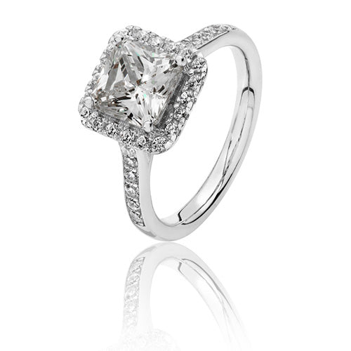 Sterling Silver Large Claw Set Square Halo Style CZ Ring