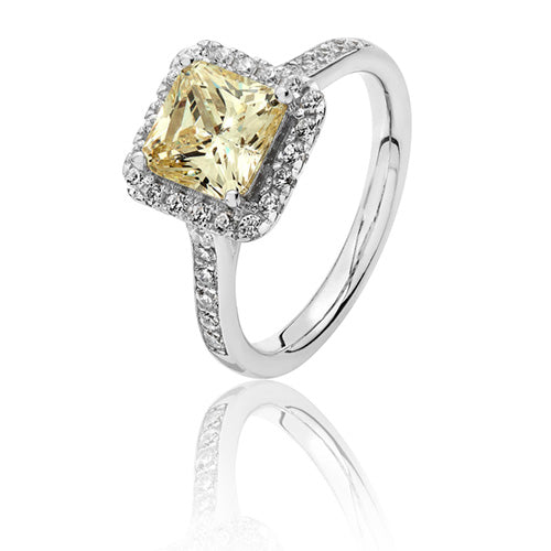 Sterling Silver Large Claw Set Square Halo Style Yellow CZ Ring