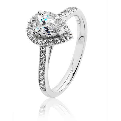 Sterling Silver Small Claw Set Pear Shape Halo Style CZ Ring