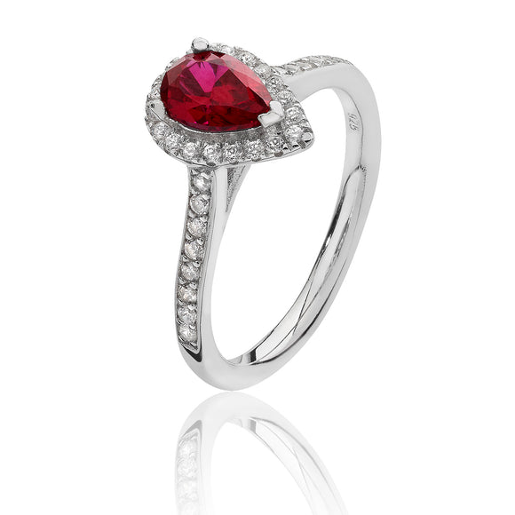 Sterling Silver Small Claw Set Pear Shape Halo Style Red CZ Ring