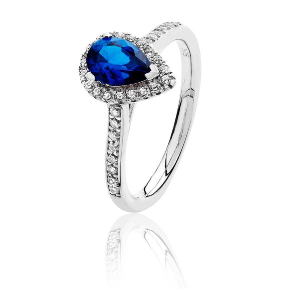 Sterling Silver Small Claw Set Pear Shape Halo Style Blue CZ Ring