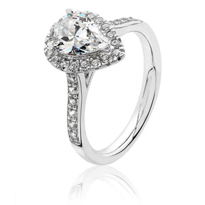 Sterling Silver Large Claw Set Pear Shape Halo Style CZ Ring
