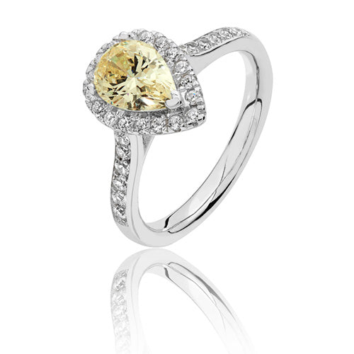 Sterling Silver Claw Set Pear Shape Halo Style Yellow CZ Ring